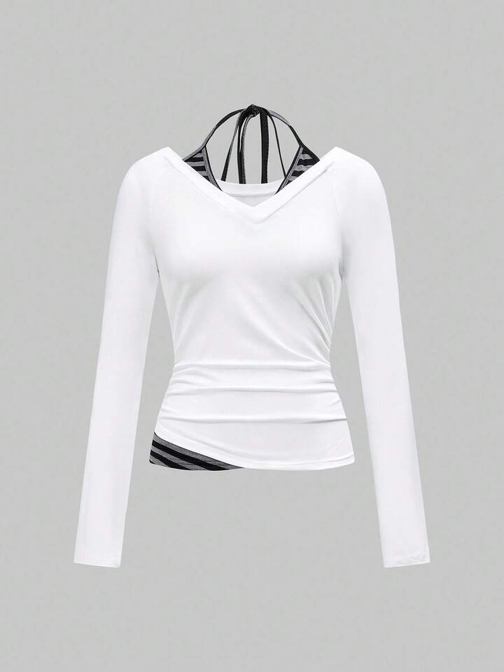 2pcs Women's Casual Neck Tie Striped Patchwork & White Tight Fitted Base Layer T-Shirt Set