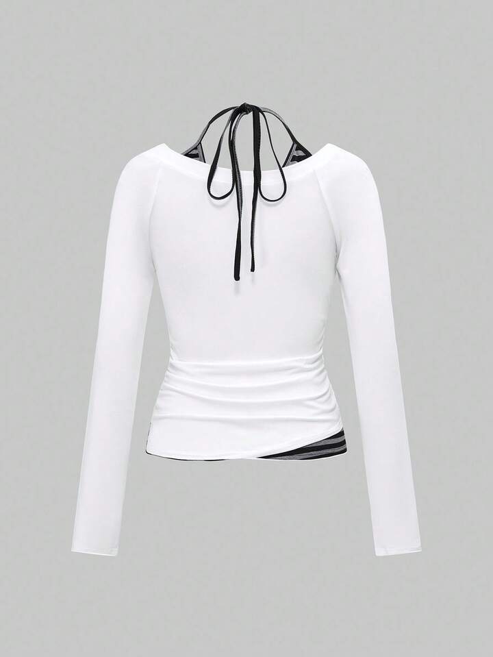 2pcs Women's Casual Neck Tie Striped Patchwork & White Tight Fitted Base Layer T-Shirt Set