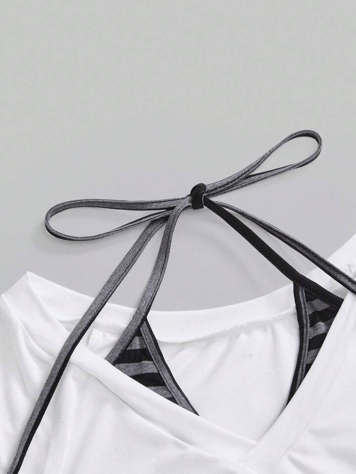 2pcs Women's Casual Neck Tie Striped Patchwork & White Tight Fitted Base Layer T-Shirt Set