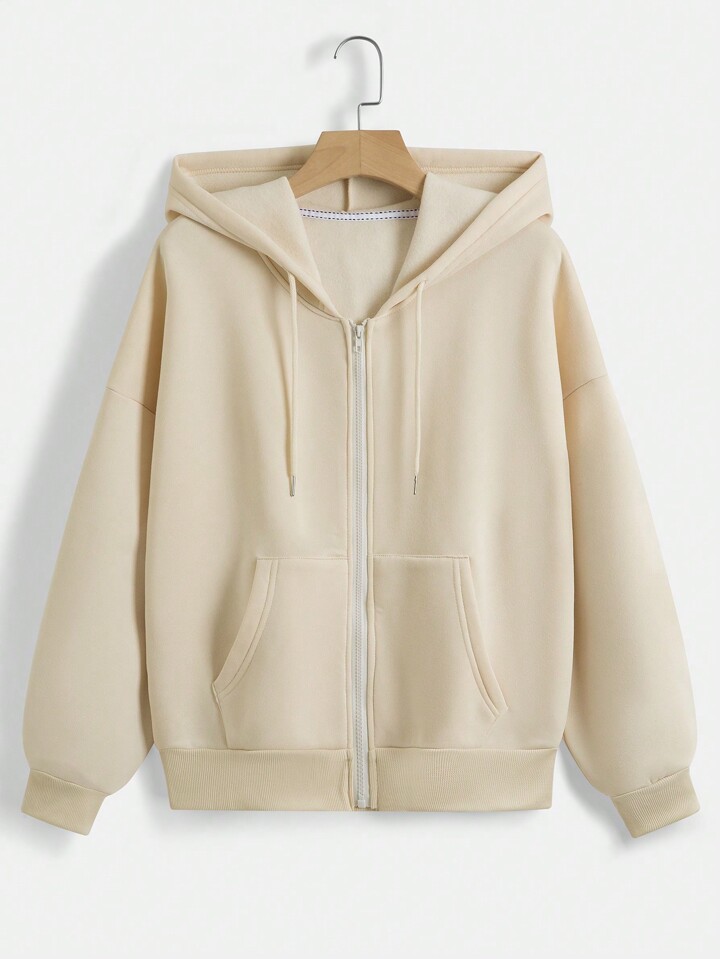 Zip Up Drop Shoulder Drawstring Thermal Lined Hoodie,Long Sleeve Tops Graduation,Back To School Outfits,Graduation,Teacher Outfits For Women,Back To School Pullover Fall Outfit