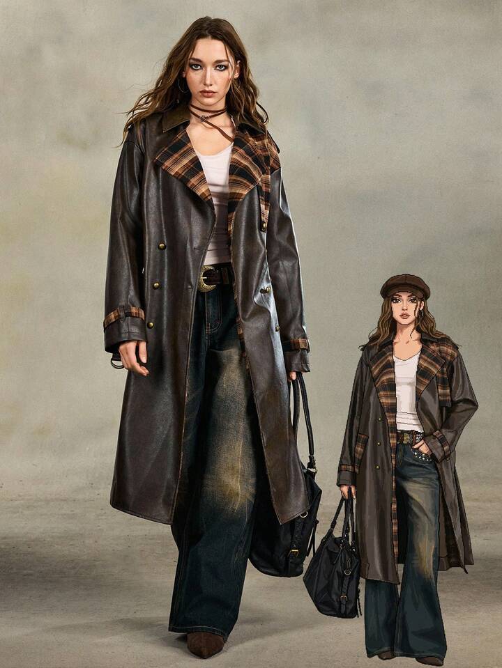 EDITION Vintage Distressed PU Patchwork Plaid Long Leather Jacket, Suitable For Autumn/Winter