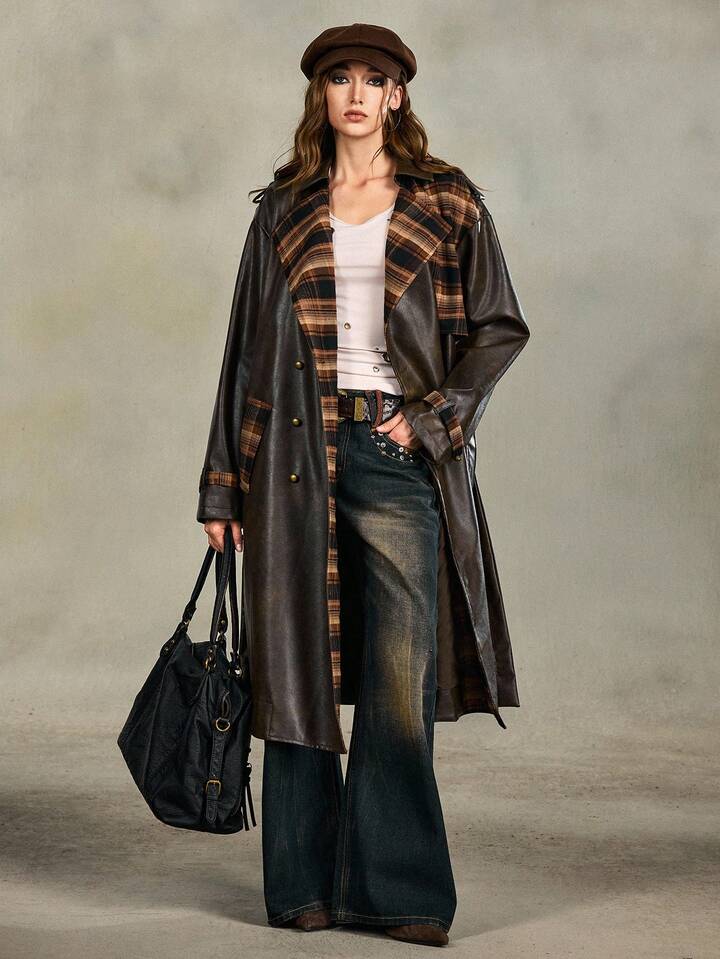EDITION Vintage Distressed PU Patchwork Plaid Long Leather Jacket, Suitable For Autumn/Winter