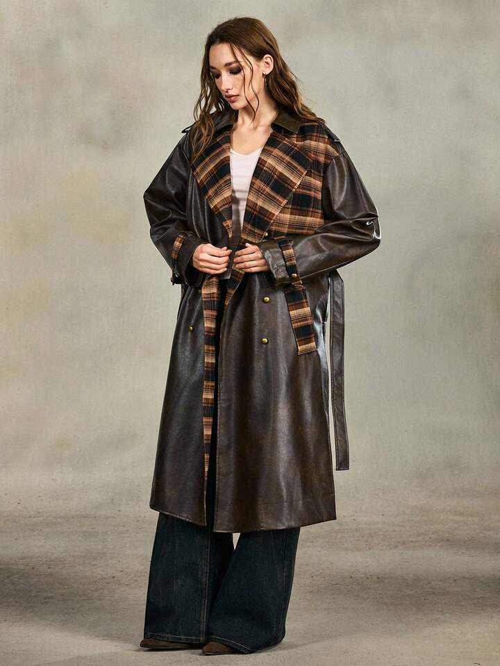 EDITION Vintage Distressed PU Patchwork Plaid Long Leather Jacket, Suitable For Autumn/Winter