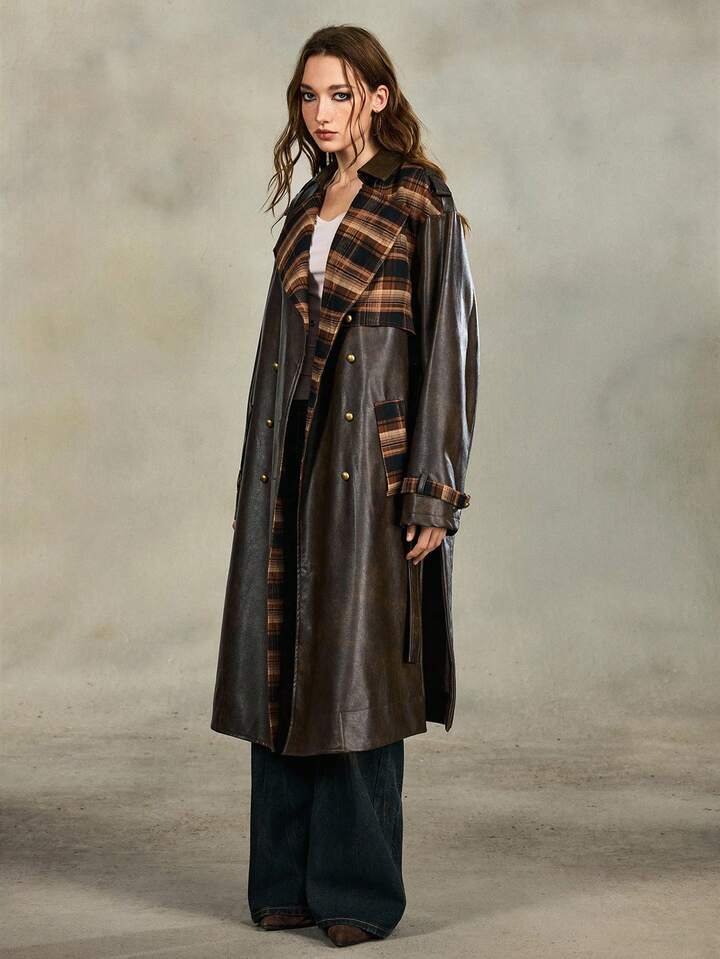 EDITION Vintage Distressed PU Patchwork Plaid Long Leather Jacket, Suitable For Autumn/Winter