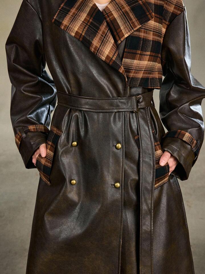 EDITION Vintage Distressed PU Patchwork Plaid Long Leather Jacket, Suitable For Autumn/Winter