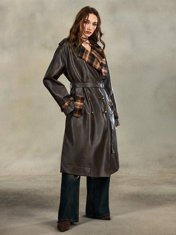 EDITION Vintage Distressed PU Patchwork Plaid Long Leather Jacket, Suitable For Autumn/Winter