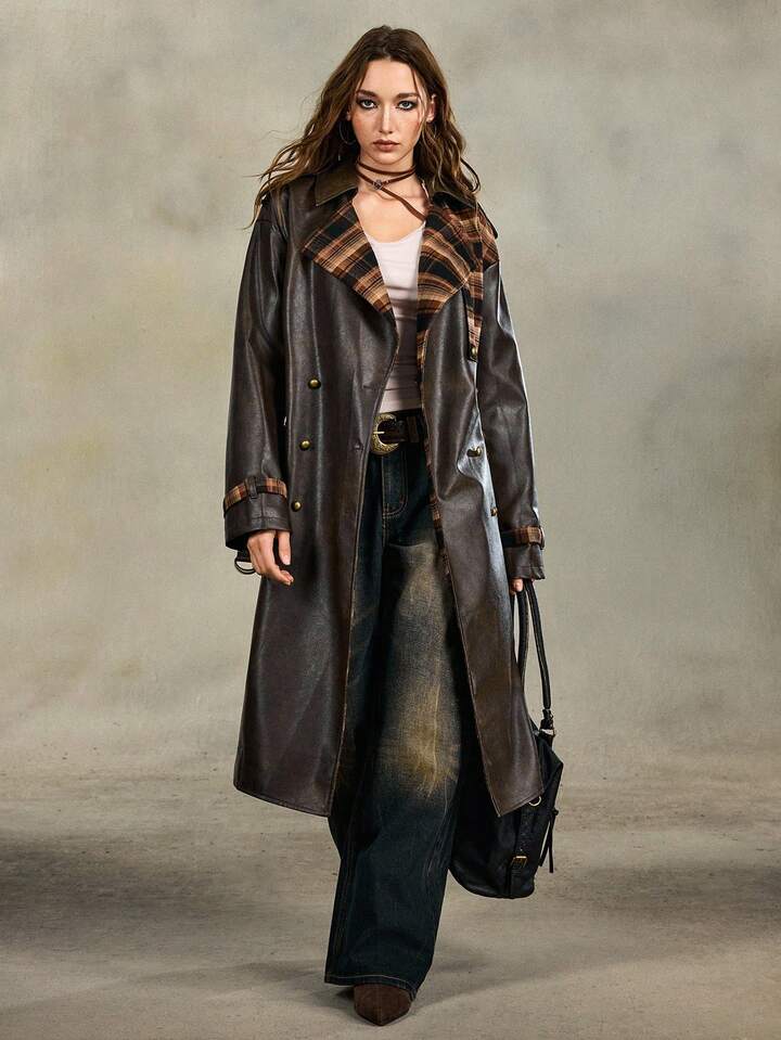 EDITION Vintage Distressed PU Patchwork Plaid Long Leather Jacket, Suitable For Autumn/Winter