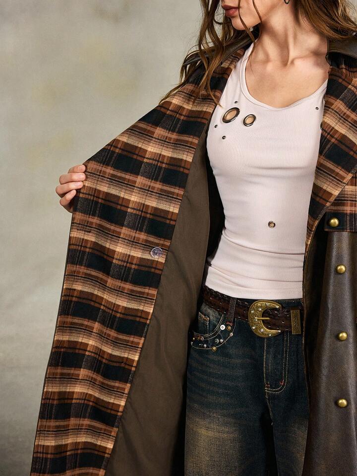 EDITION Vintage Distressed PU Patchwork Plaid Long Leather Jacket, Suitable For Autumn/Winter