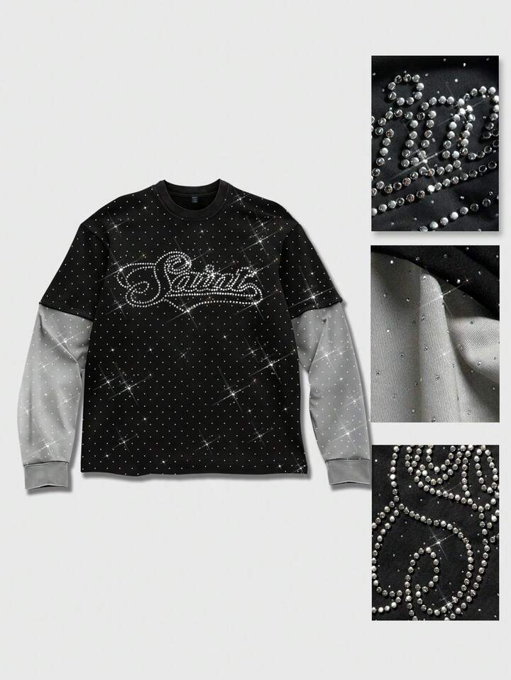 2026 Spring, Autumn & Summer Men's Casual Rhinestone Embellished Round Neck T-Shirt, Unisex Fashion Women's Long Sleeve 2 In 1 Top