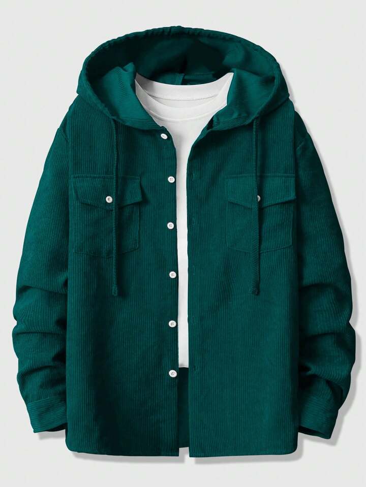 Casual Men Long Sleeve Solid Color Hooded Corduroy Jacket With Drawstring, School, Fall/Winter