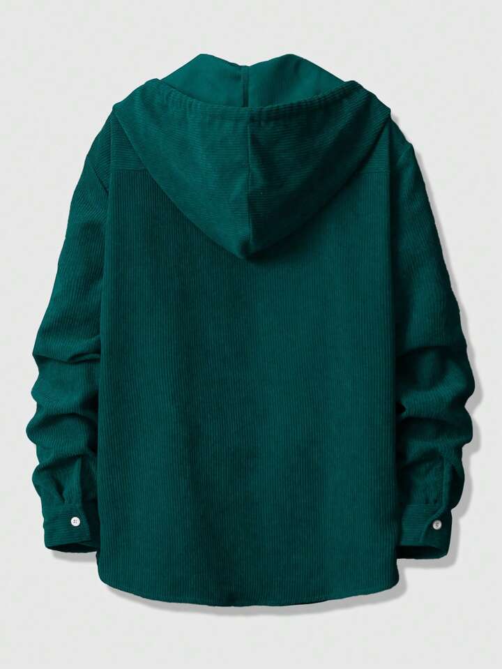 Casual Men Long Sleeve Solid Color Hooded Corduroy Jacket With Drawstring, School, Fall/Winter