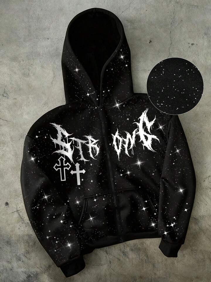 Men's Letter & Cross Print Long Sleeve Zipper Collar Pocket Shiny Hoodie Sweatshirt