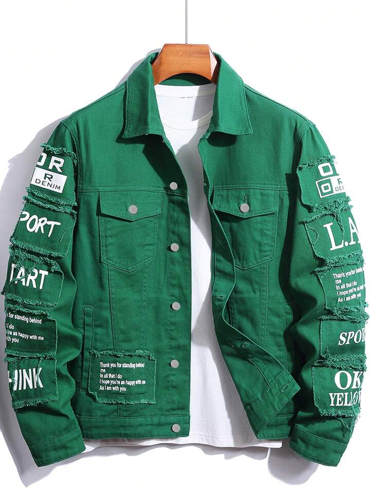 Guys Slogan Graphic Flap Pocket Denim Jacket Without Tee