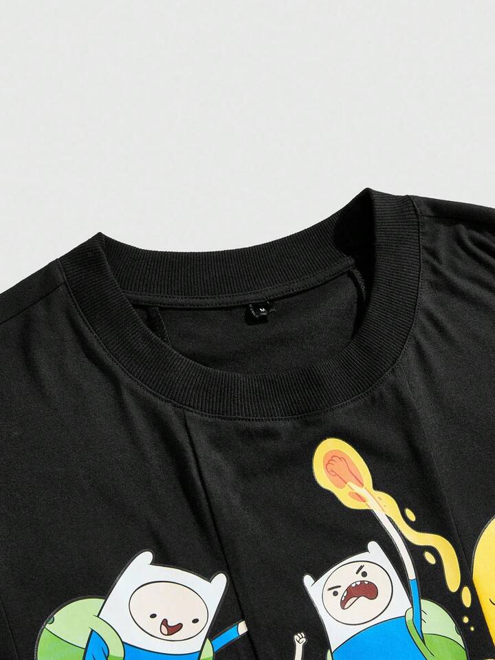 Adventure Time X ROMWE Men's Asymmetrical Print Patchwork Short Sleeve T-Shirt, Loose Cropped Fit