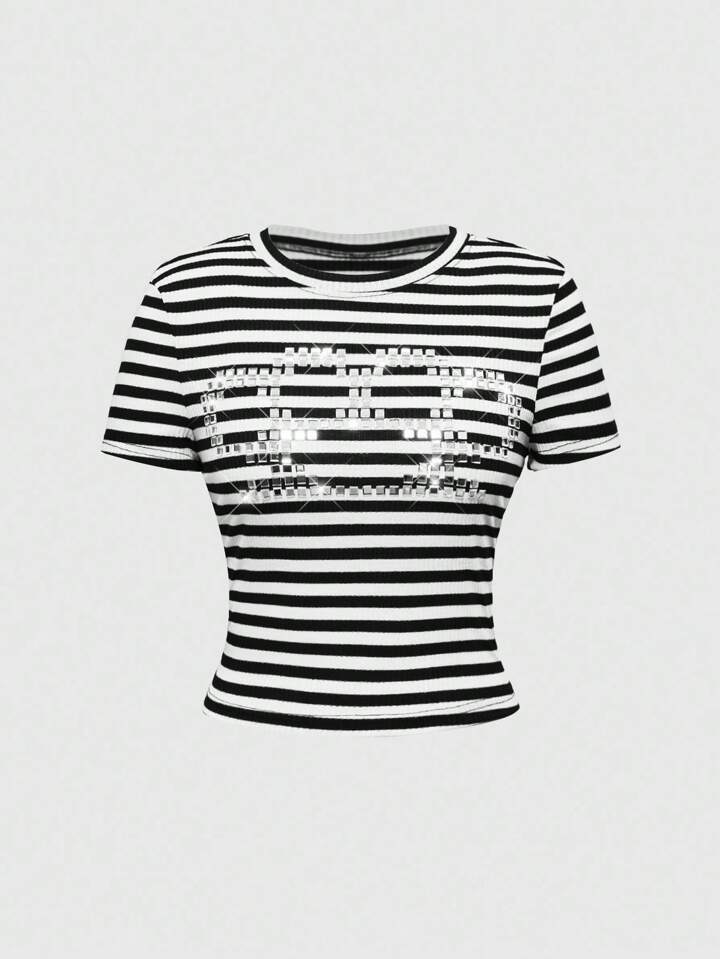 J-Fashion Y2K Vintage Striped Rhinestone Embellished Fitted Women T-Shirt