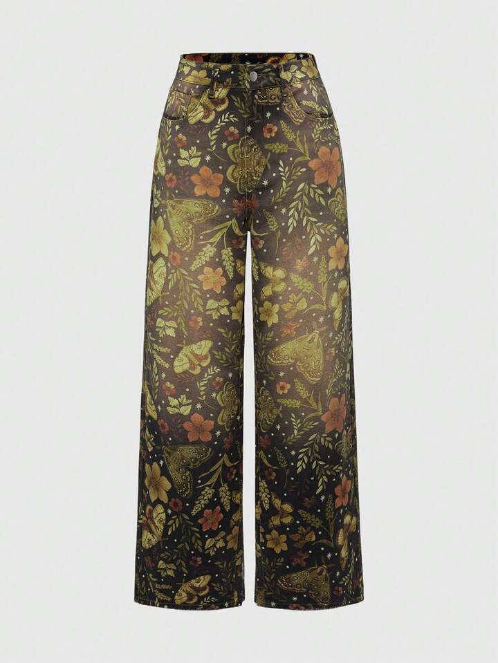 Fairycore Vintage Floral Print Washed Loose Wide-Leg Jeans For Women
