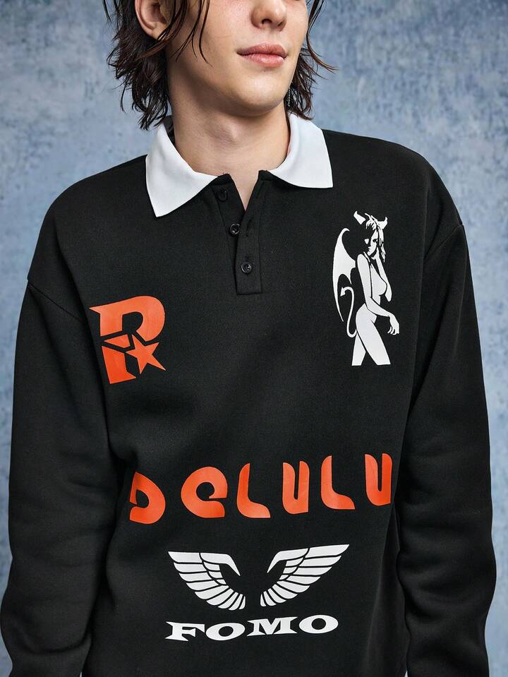 Casual Men's Contrast Color Polo Collar Letter Print Long Sleeve T-Shirt, For Fall
