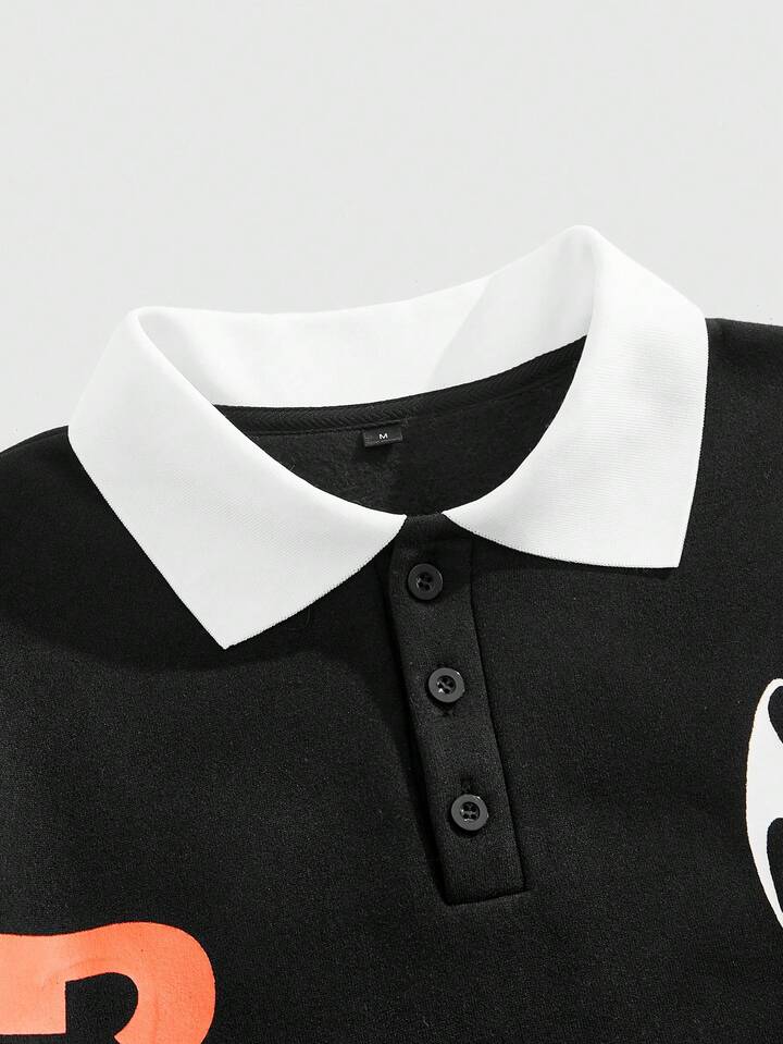 Casual Men's Contrast Color Polo Collar Letter Print Long Sleeve T-Shirt, For Fall