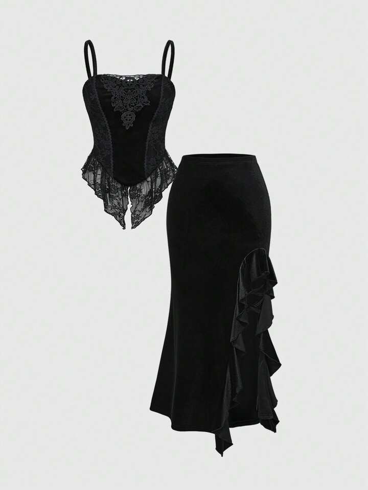Goth Dark Halloween Velvet Contrast Lace Camisole Top Paired With Fish Tail Skirt