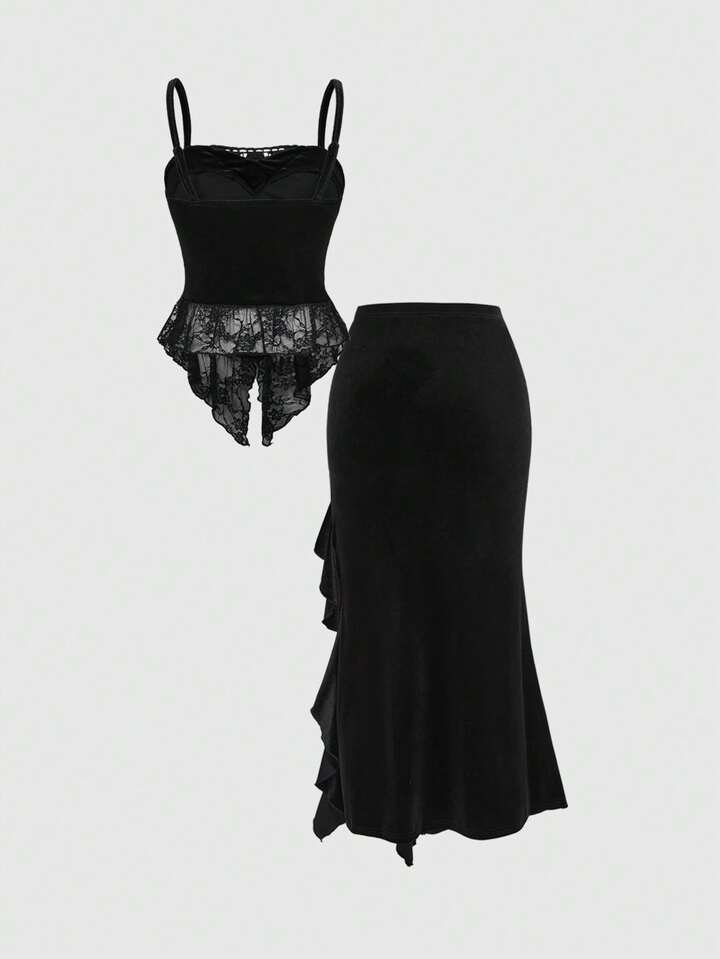 Goth Dark Halloween Velvet Contrast Lace Camisole Top Paired With Fish Tail Skirt 2 Goth Dark Halloween Velvet Contrast Lace Camisole Top Paired With Fish Tail Skirt