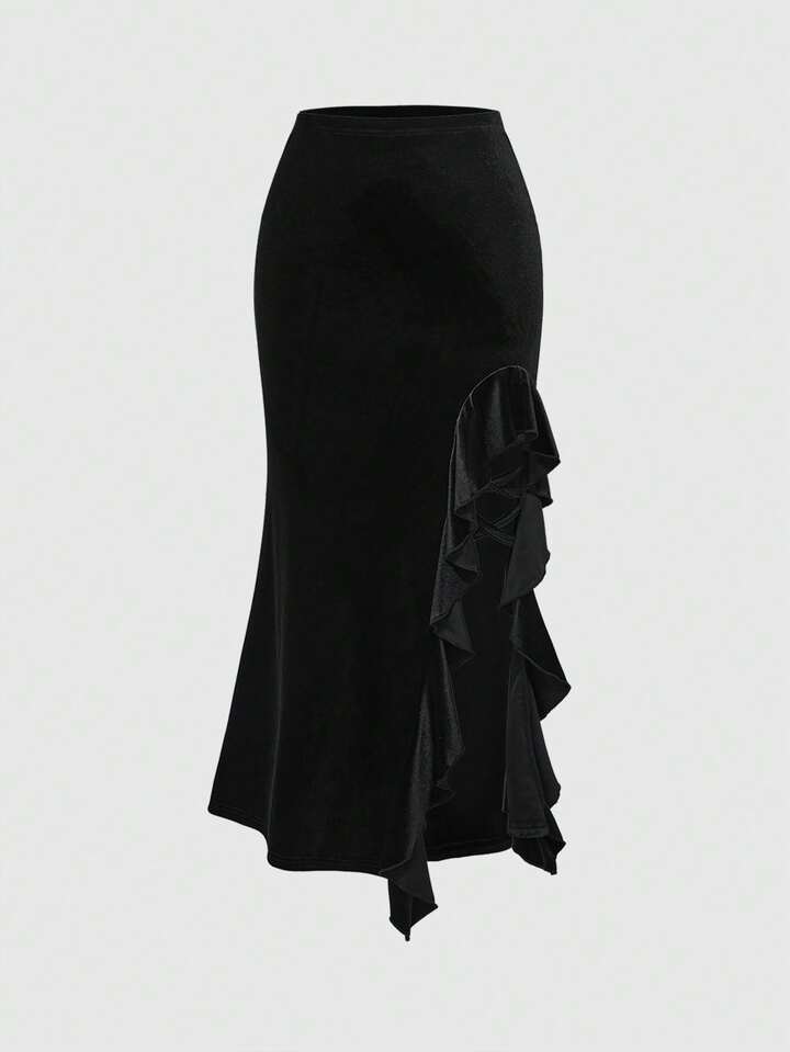 Goth Dark Halloween Velvet Contrast Lace Camisole Top Paired With Fish Tail Skirt 3 Goth Dark Halloween Velvet Contrast Lace Camisole Top Paired With Fish Tail Skirt