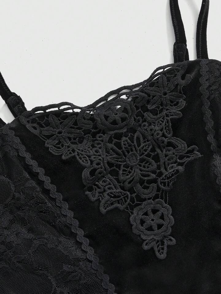 Goth Dark Halloween Velvet Contrast Lace Camisole Top Paired With Fish Tail Skirt 5 Goth Dark Halloween Velvet Contrast Lace Camisole Top Paired With Fish Tail Skirt