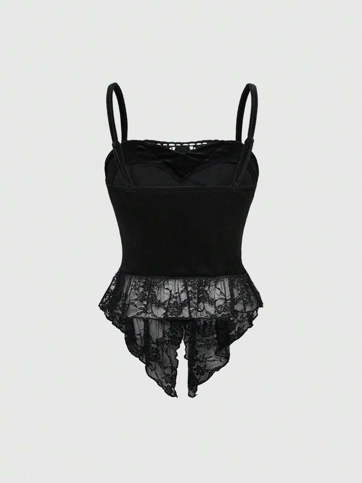 Goth Dark Halloween Velvet Contrast Lace Camisole Top Paired With Fish Tail Skirt 8 Goth Dark Halloween Velvet Contrast Lace Camisole Top Paired With Fish Tail Skirt