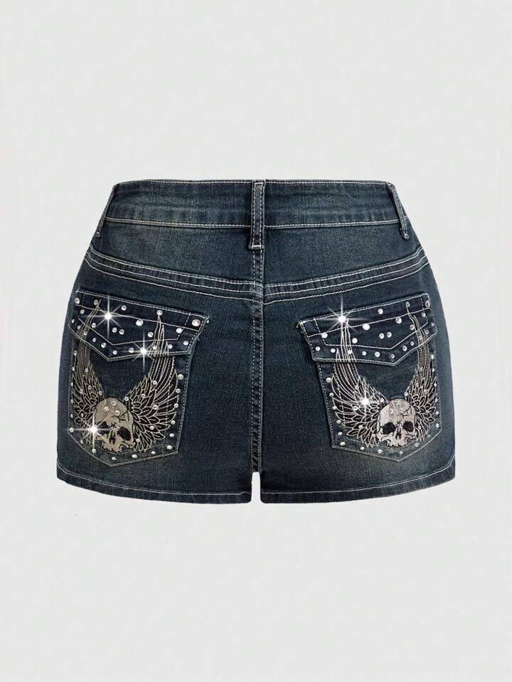 Grunge Punk Plus Size Women's Summer Punk Wing Skull Embroidery Rhinestone Craft Denim Shorts, School