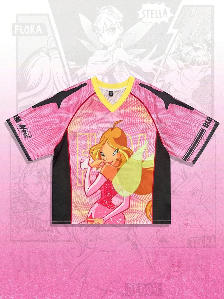 Winx Club X ROMWE Men's Anime Jersey Contrast Color Cartoon Figure Graphic Printed V-Neck Short Sleeve Polo Shirt