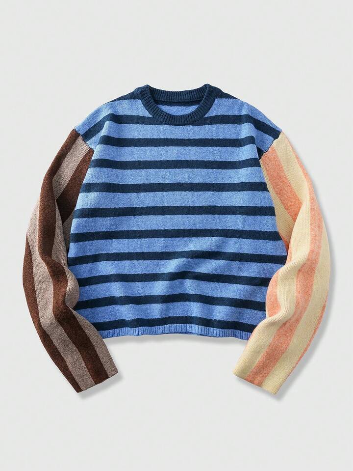Men's Patchwork Colorblock Striped Crew Neck Casual Sweater