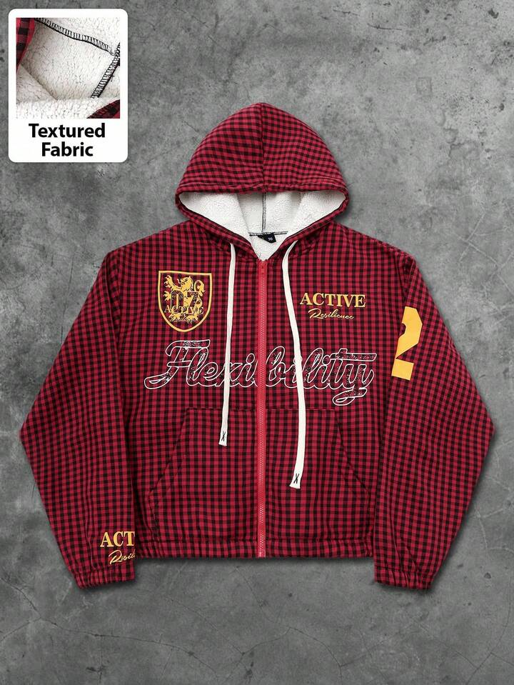 Prep Men's Plaid & English Graphic Print Thermal Lined Hoodie Sweatshirt, Autumn/Winter