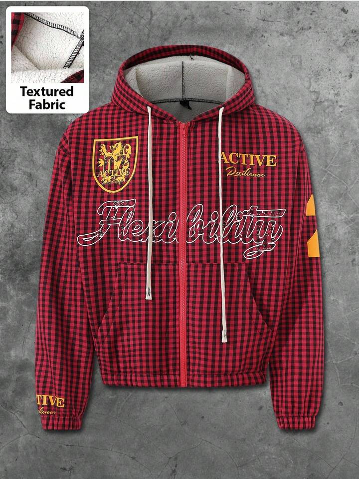 Prep Men's Plaid & English Graphic Print Thermal Lined Hoodie Sweatshirt, Autumn/Winter 4 Prep Men's Plaid & English Graphic Print Thermal Lined Hoodie Sweatshirt, Autumn/Winter