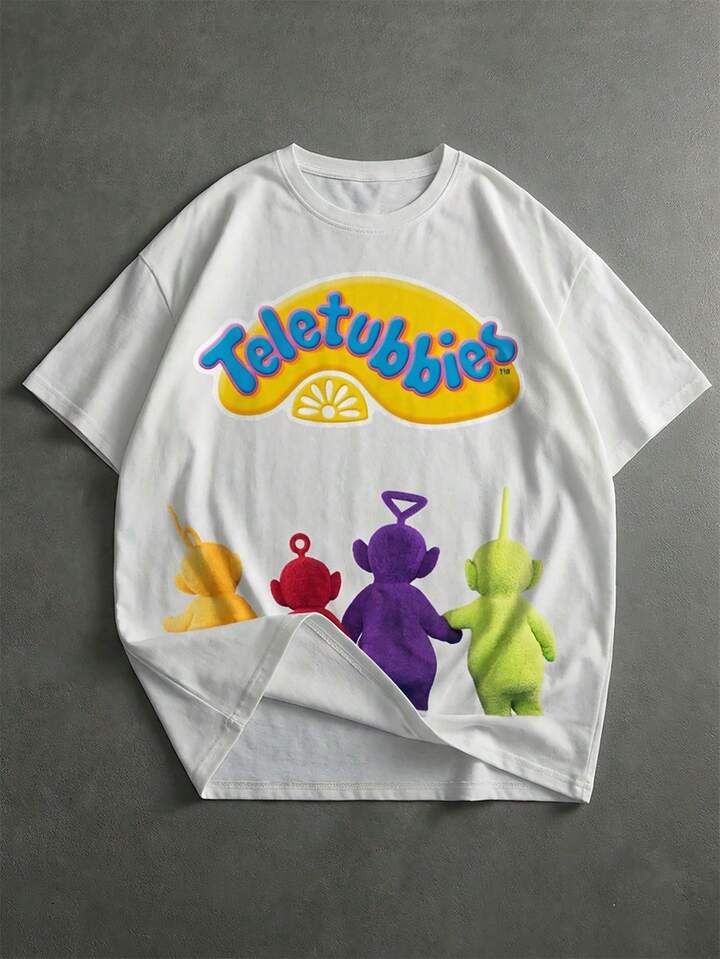 Teletubbies X ROMWE Men Cartoon Graphic Short Sleeve T-Shirt, Suitable For Everyday Wear, Spring/Summer