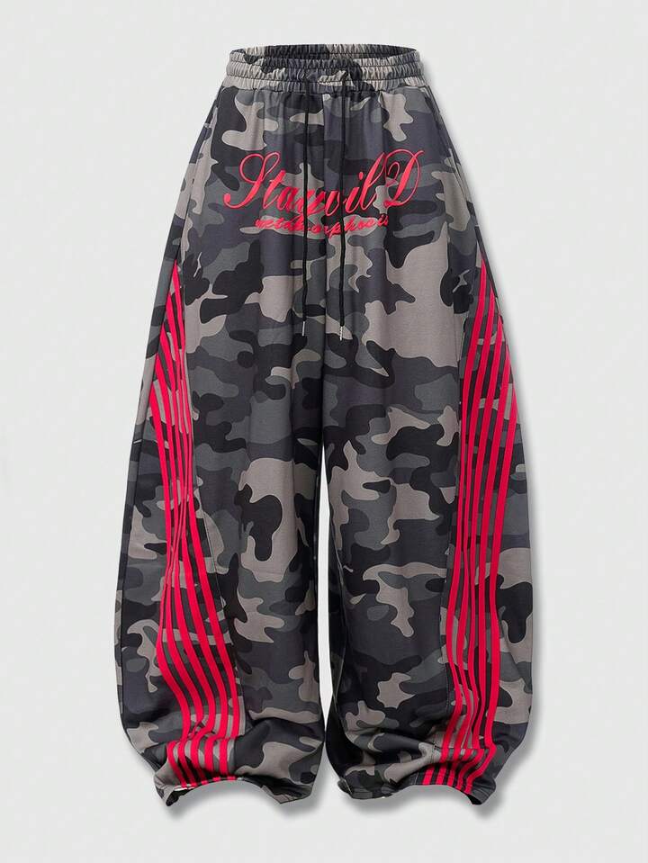 Men's Drawstring Waist Camouflage Letter Print Casual Loose Pants, Suitable For Daily Wear
