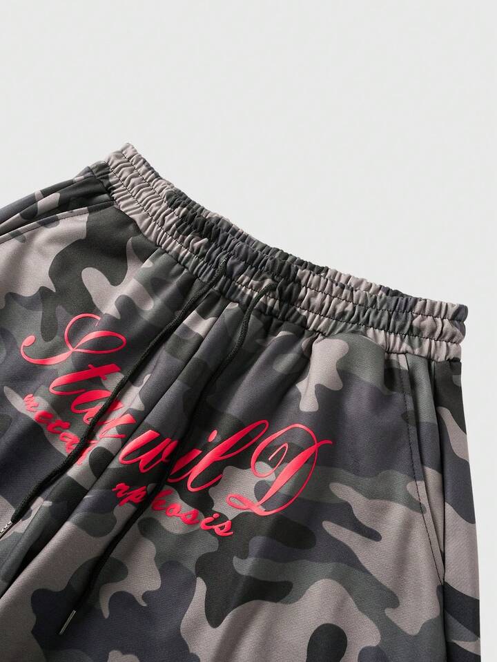 Men's Drawstring Waist Camouflage Letter Print Casual Loose Pants, Suitable For Daily Wear 3 Men's Drawstring Waist Camouflage Letter Print Casual Loose Pants, Suitable For Daily Wear