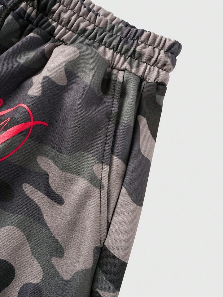 Men's Drawstring Waist Camouflage Letter Print Casual Loose Pants, Suitable For Daily Wear 5 Men's Drawstring Waist Camouflage Letter Print Casual Loose Pants, Suitable For Daily Wear