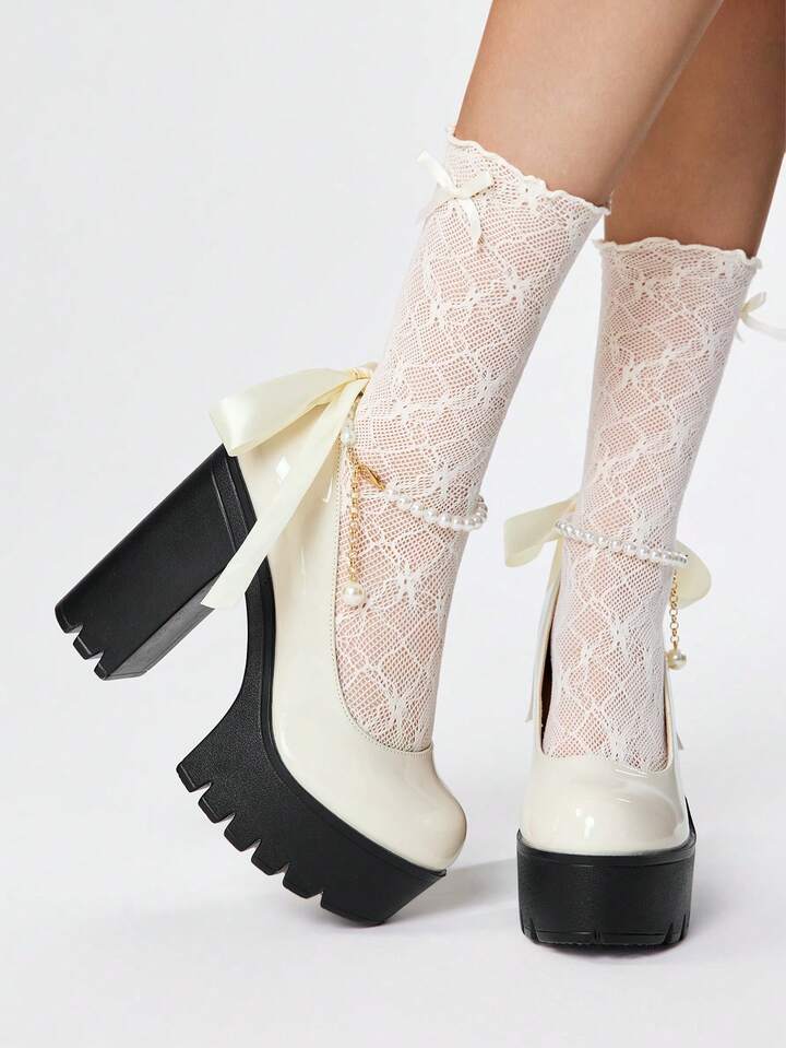 Goth Women's Thick Sole Chunky Heel Pumps, Fashion Solid Color Pearl Buckle Lace Bow Decor High Heel Mary Jane Shoes, Suitable For Party, Outing, Date