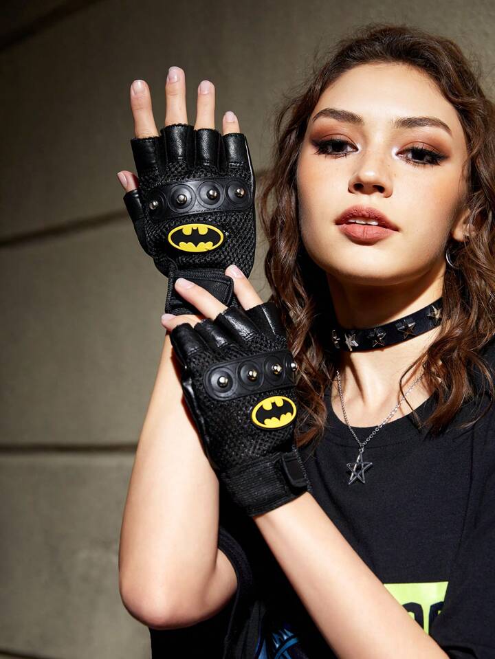 Batman X ROMWE 1pair Bat Print Fingerless Gloves
