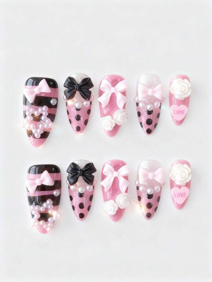 Anime 10pcs Cute Bowknot Music Note Star Element High Quality Handmade False Nails + 3pcs Double-Sided Adhesive, Y2K French Style Rhinestone Chain Polka Dot Removable Nail Art Stickers, Suitable For Holidays, Parties, Dancing And Daily Wear