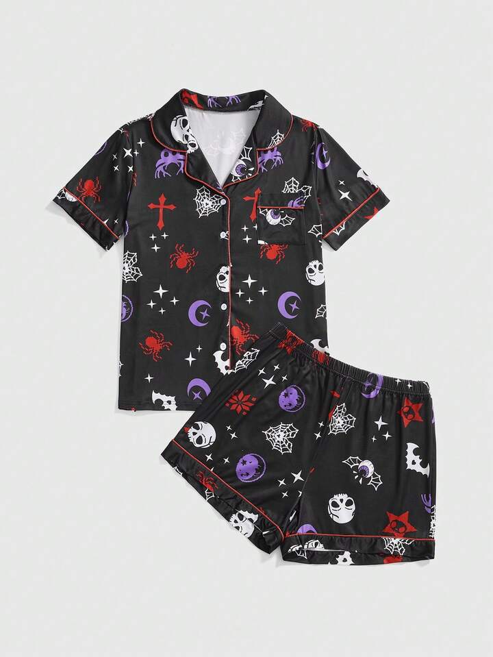 Gothic Skull, Cross, Deer Eye, Spider Web, Moon Full Print Short Sleeve & Shorts Pajama Set