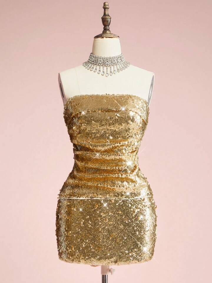 EDITION Women's Solid Color Sequin Pleated Bandeau Top And Mini Skirt Elegant Fashion 2-Piece Set