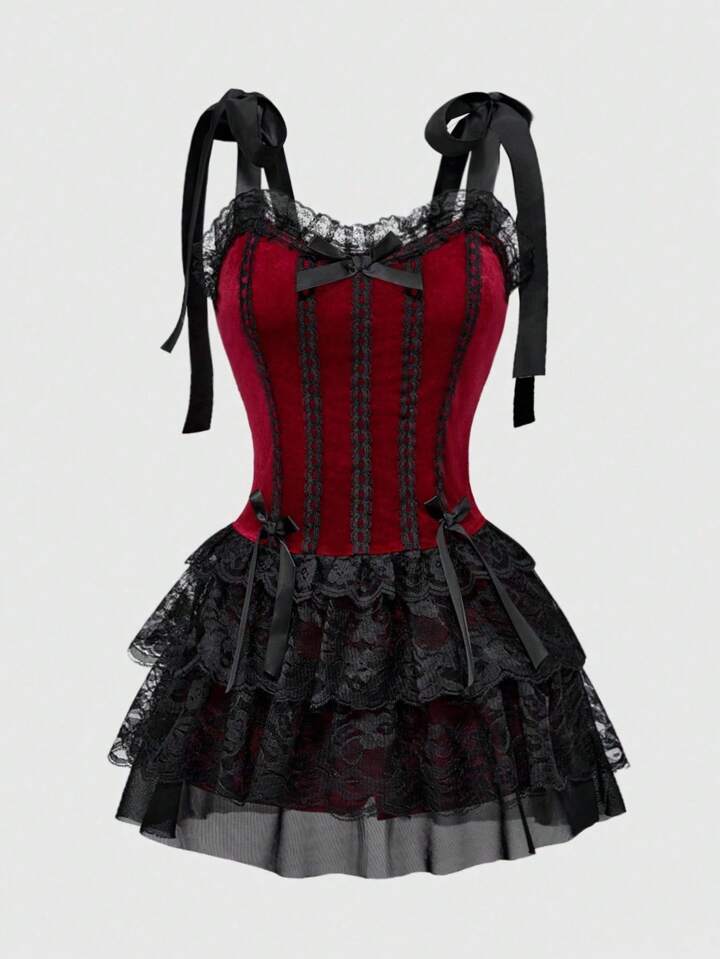 Plus Size Women Gothic Vintage Palace Style Contrast Lace Trim Cross Pendant Strap Camisole Long Dress