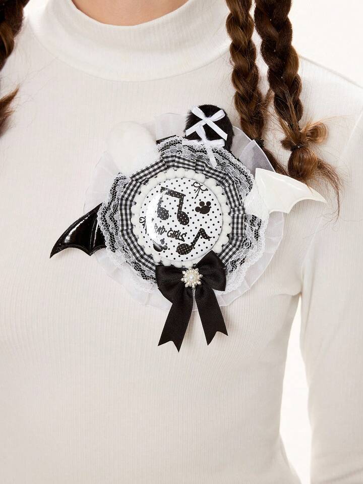 1pc Retro Anime Style Chic Gothic Lolita Brooch With Polka Dot, Music Note, Cat Paw, Bow, Plaid, Lace, Leather, Angel Wing, Rabbit Ear, Snowflake, Pearl Decor, Suitable For Cosplay, Anime Costume, Daily Wear, Holiday Gift