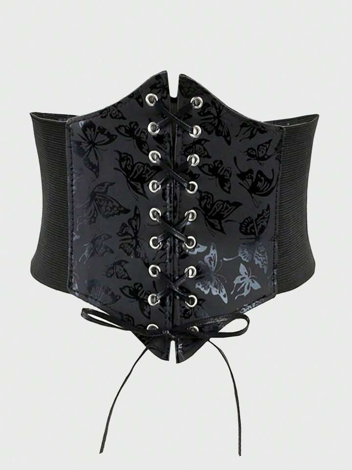 Goth Butterfly Dark Polarized Print Cross Tie Waist Belt