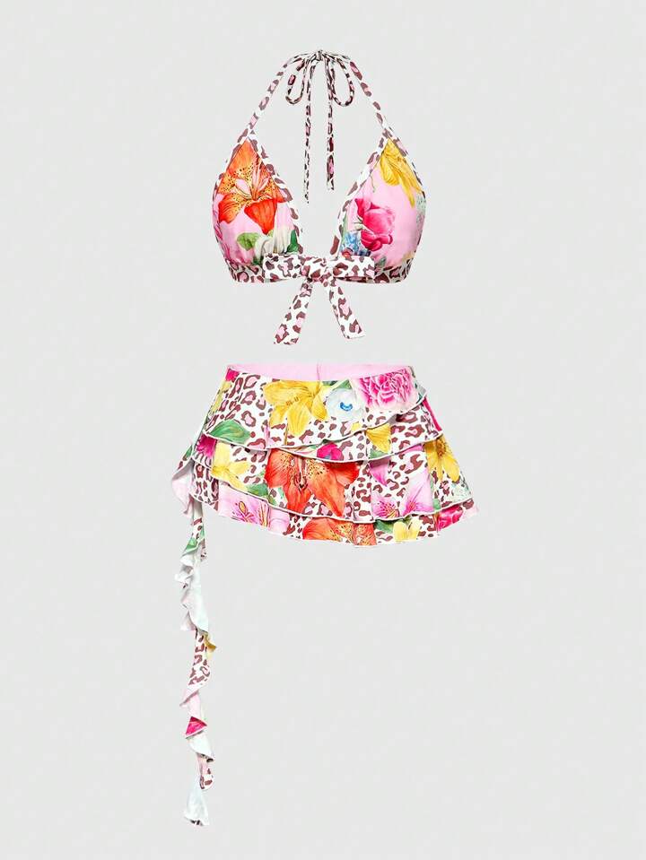 ROMWE Avant Y2K Tropical Vacation Leopard Floral Print Cheeky Bikini Top And Mini Low Waist 2 Pieces Swimsuit For Women