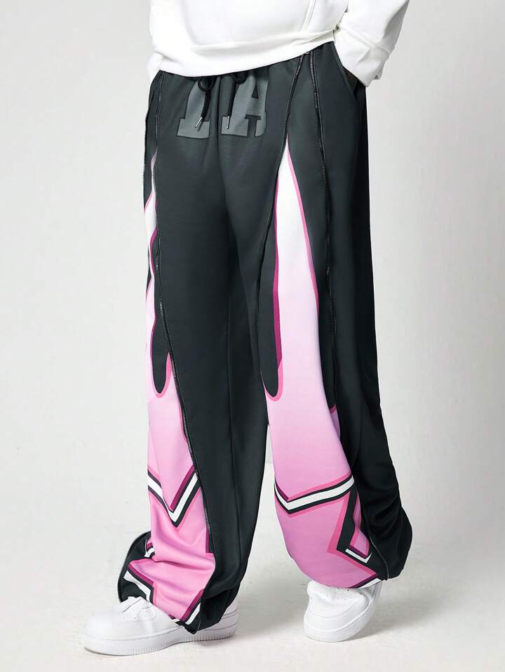 Street Life Men's Casual Colorblock Star Print Zipper Design Drawstring Waist Baggy Sweatpants