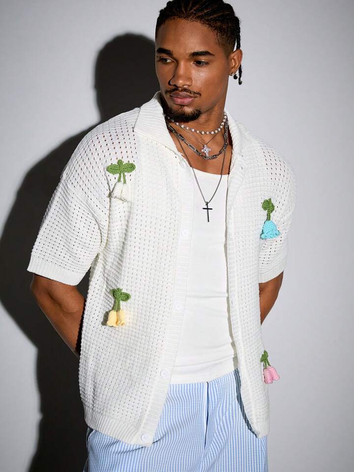Casual Men's Vacation Floral Drop Shoulder Single-Breasted Hollow-Out Knit Top, Summer