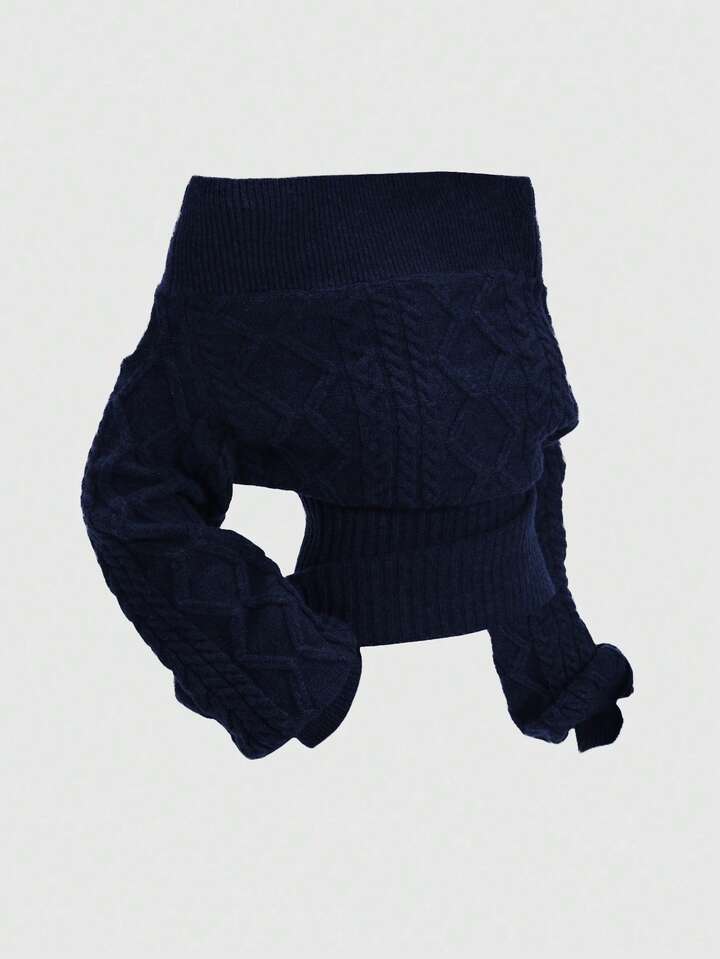 Romantic Thick Knit Z-Pattern Deep Floral Gray Off Shoulder Lantern Sleeve Pullover Sweater