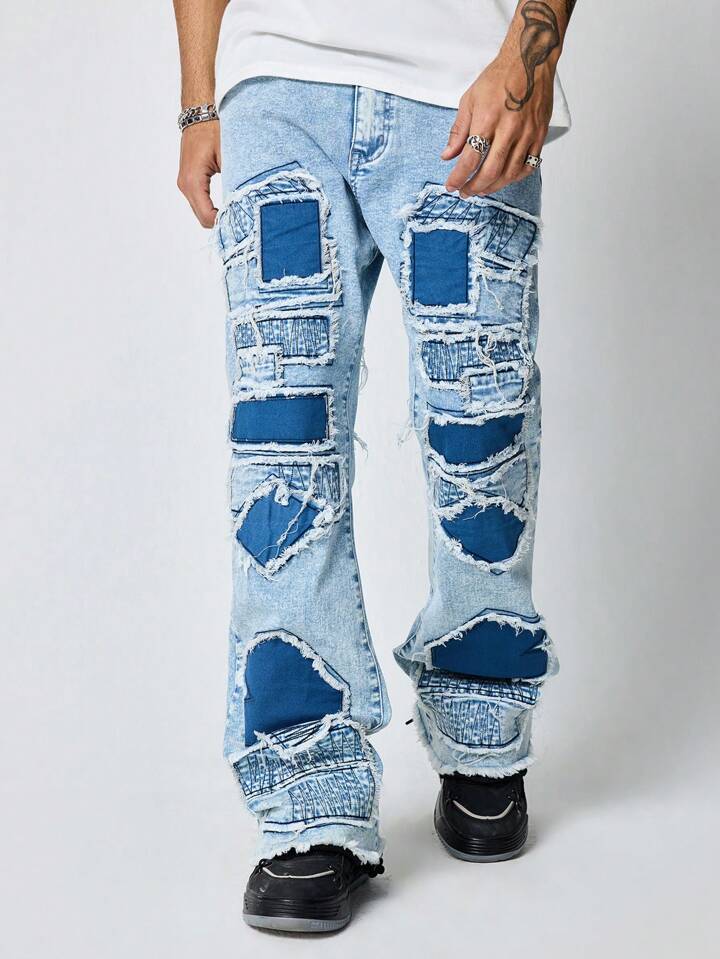 Street Life Men's Simple Pocket Frayed Edge Casual Denim Jeans, Daily Wear