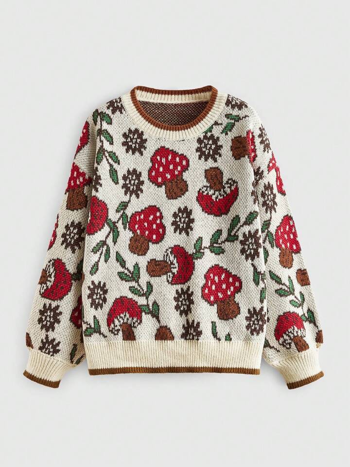 Fairycore Plus Size Cute Mushroom Pattern Detail Relaxed Fit Pullover Sweater, For Winter